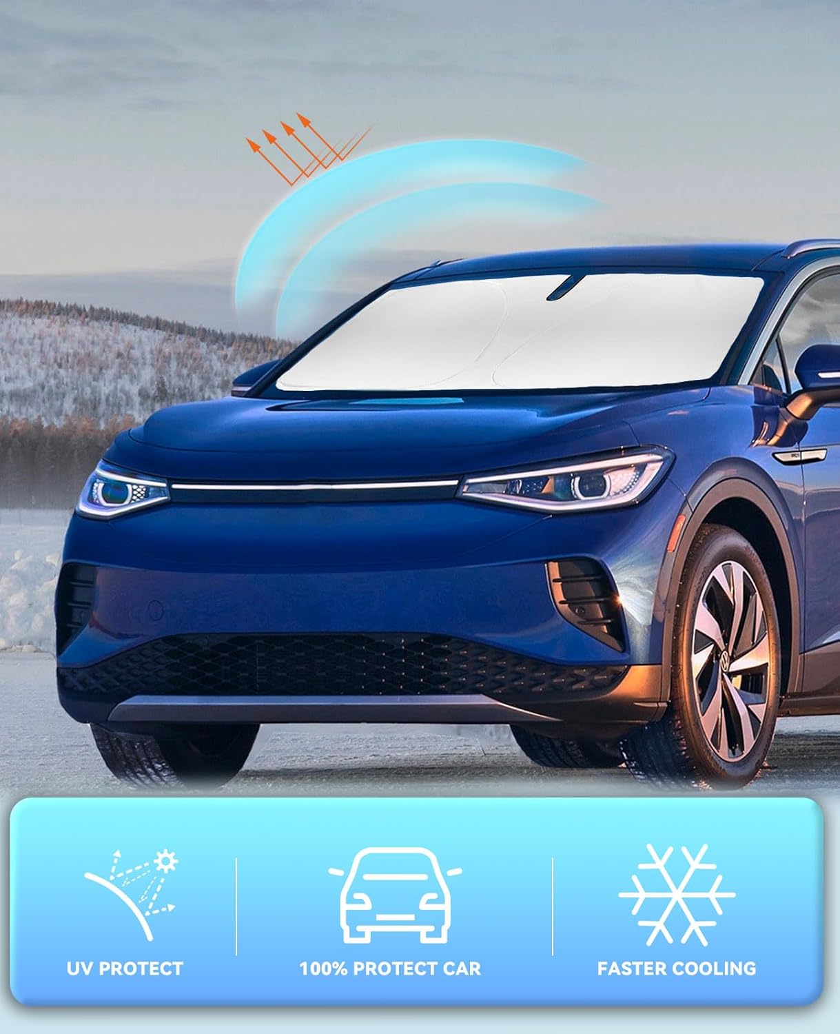 Sun Shade for VW ID.4 Windshield Sun Shade Custom Fit 2021-2023 2024 2025 VW ID.4 for Volkswagen Accessories Windshield Cover Foldable Front Window Shields 240T Reflective Sun Visor Block UV Rays