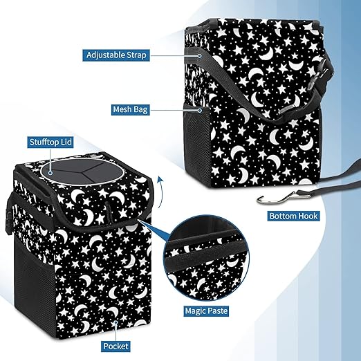 Gothic Night Stars Moons On Black Car Trash Can with Lid Collapsible Reusable Waterproof Garage Bag,Automotive Garbage Can,Car Accessories Interior Organizer, 22112802