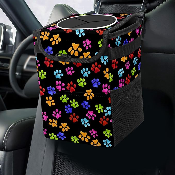 Paws Cat & Dog Print Trash Can with Lid - Collapsible, Reusable, Waterproof Car Garbage Can, Interior Car Organizer