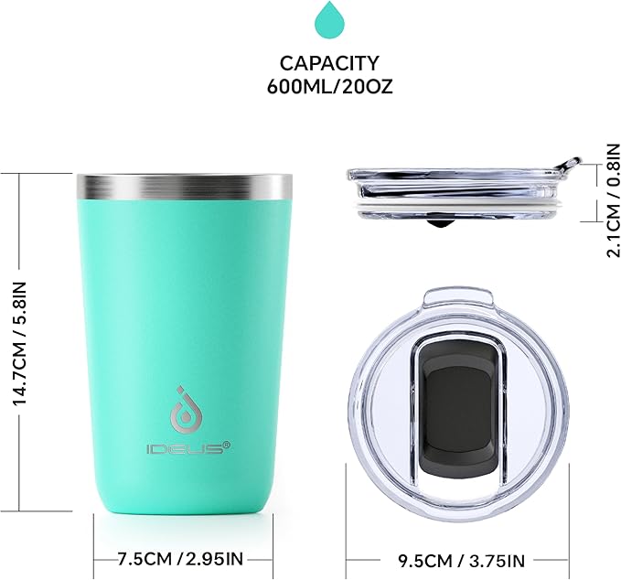 Ideus 20 oz Tumbler, Travel Coffee Mug with Splash Proof Sliding Lid, Double Wall Stainless Steel Vacuum Insulated Coffee Mug for Home and Office, Keep Beverages Hot or Cold, Sky Blue