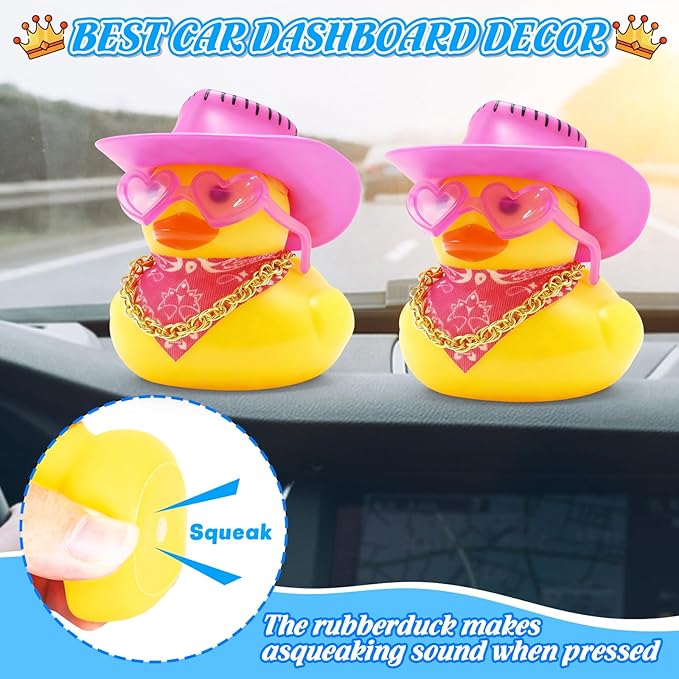 Funny Rubber Ducks for Car & Home Decor - Mini Rubber Duck with Cowboy Hat, Pink Heart Sunglasses, Scarf & Gold Chain | Easy DIY Squeaky | Pink Car Accessories Gift for Adults,Car Enthusiasts