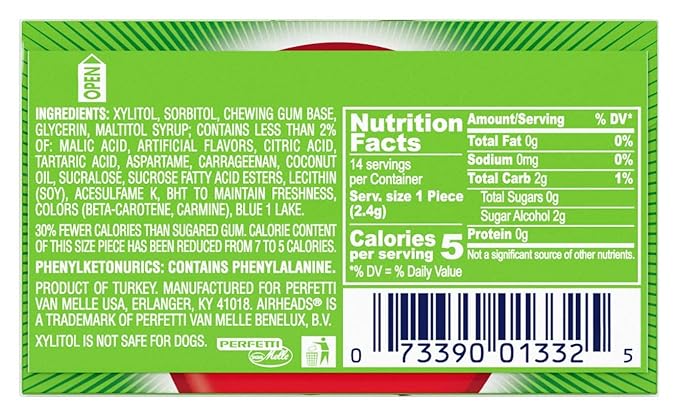 Airheads Candy, Chewing Gum, Watermelon Flavor, Sugar Free, Xylitol, 14 Sticks per Pack, Box of 12 Packs