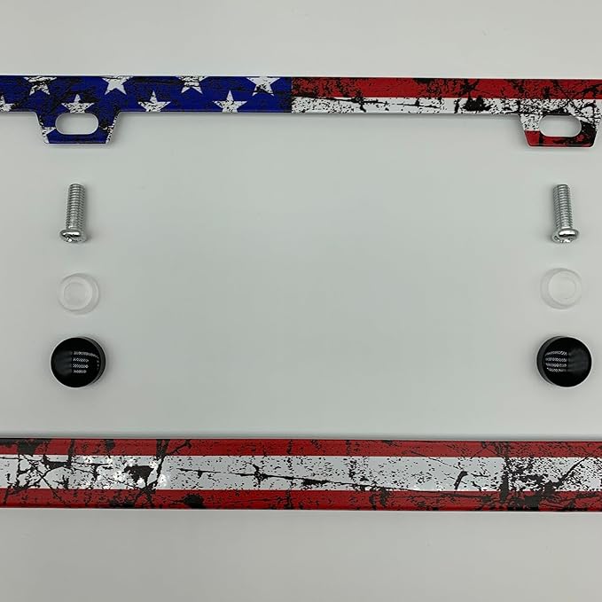 USA Grunge Flag Patriotic License Plate Frame Cover for Men/Women, Powder Coated Stainless Steel Auto Car Tag Frame with 2 Holes & Free Screws
