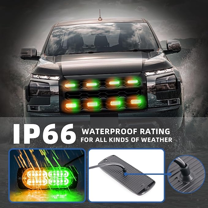 8pcs Sync Feature Emergency Strobe Grille Lights LED Ultra Slim Surface Mount Flashing Hazard Warning Light Bar with Controller for Firefighter/Construction/Trucks/Vehicles/Car (Amber/Green)