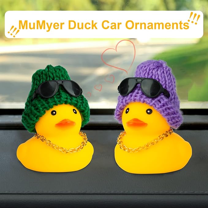 Car Rubber Duck,Yellow Duck Car Dashboard Decorations Accessories with Mini Beanie Hat Necklace and Sunglasses(W2)