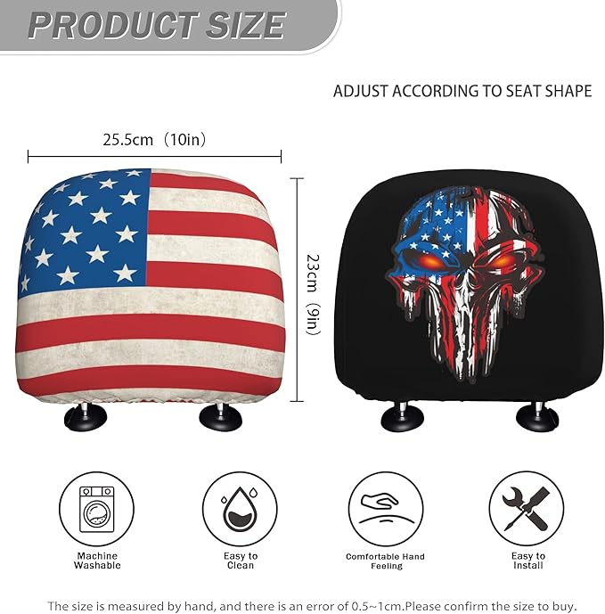 American Flag Skull Car Headrest Covers 2 Pack – Double-Sided Patriotic Skull & USA Flag Design – Universal Fit Stretch Seat Headrest Protector for Cars, SUVs, Trucks