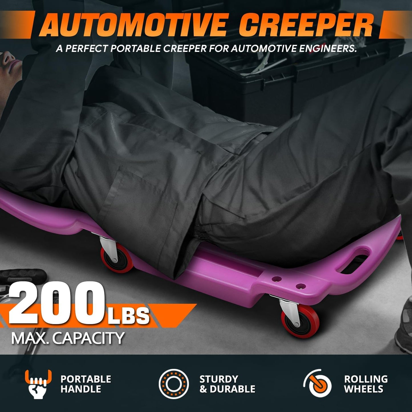 DNA MOTORING 36" L X 17" W x 4.25" H Vehicle Repair Low Profile Automotive Creeper w/Padded Headrest, Purple, TOOLS-00201-PR