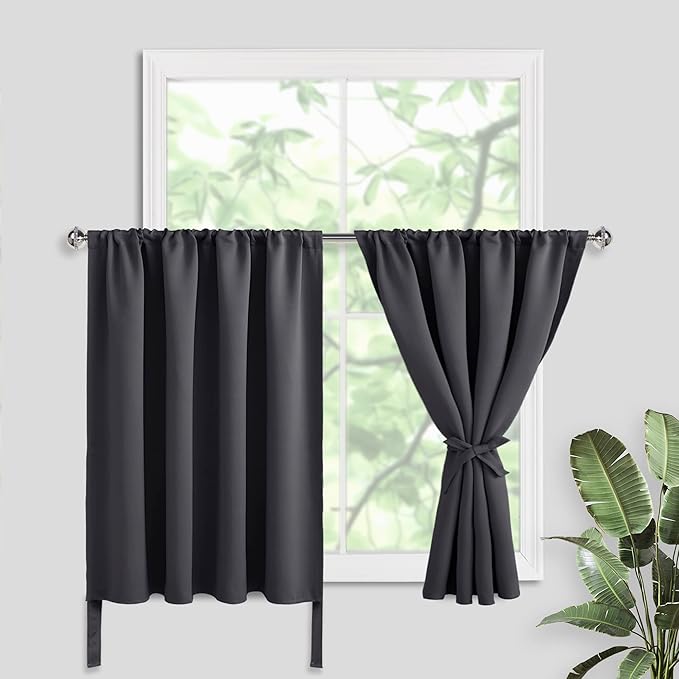 JIUZHEN Short Blackout Curtains for Small Window - Cafe Room Darkening Privacy Energy Saving Window Curtains Tiers for Bathroom,Kitchen, W 52 x L 36, Set of 2 Panels with Tiebacks,Dark Grey