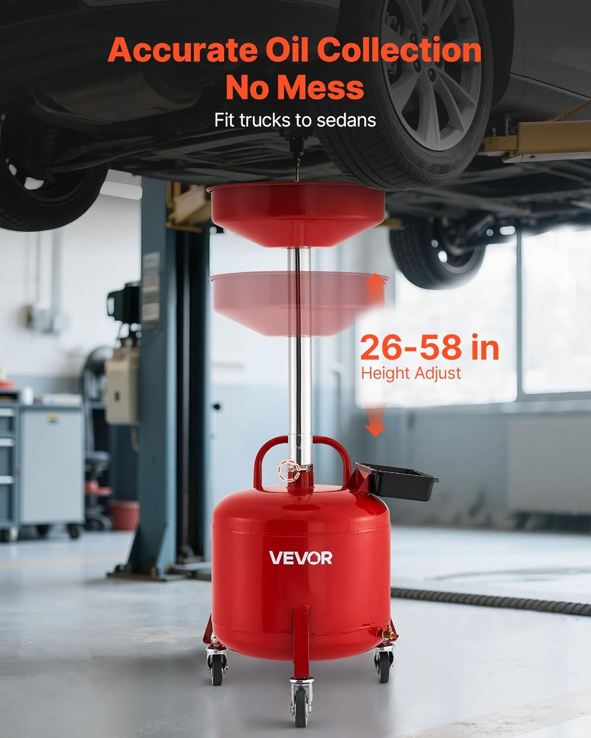 VEVOR 8 Gallon Waste Oil Drain Tank, Industrial Fluid Drain Tank with Adjustable Funnel Height, Portable Oil Drainer with Wheels & Toolbox, Fluid Fuel Transfer Drainage for Auto Repair Shops, Red