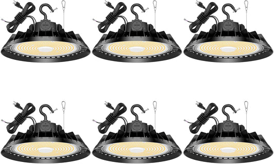 6Pack LED High Bay Lights, 240W UFO High Bay LED Shop Lights, 36000LM Adjustable CCT(5700K 5000K 4500K) & Power(240W 200W 150W), 0-10V Dimmable, 5' Cable Plug, IP65 Waterproof, ETL & DLC Listed