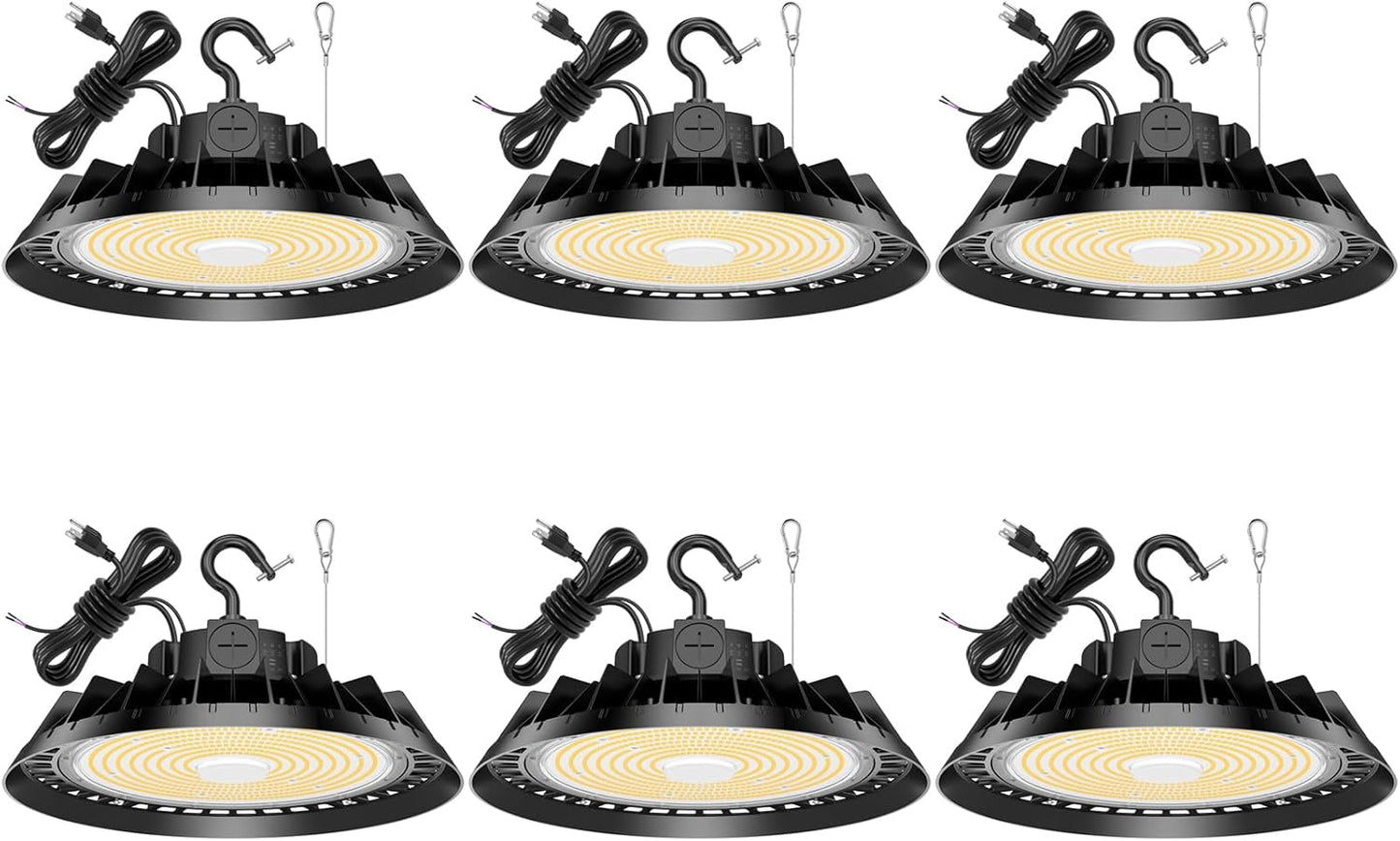 6Pack LED High Bay Lights, 300W UFO High Bay LED Shop Lights, 45000LM Adjustable CCT(5700K 5000K 4500K) & Power(300W 240W 200W), 0-10V Dimmable, 5' Cable Plug, IP65 Waterproof, ETL & DLC Listed
