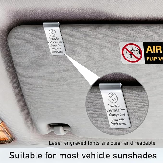 Travel Far and Wide But Always Find Your Way Back Home Engraved Stainless Steel Car Visor Clip, Inspirational Safe Driving Gifts for Family Friend Driver, Travel Visor Car Accessories