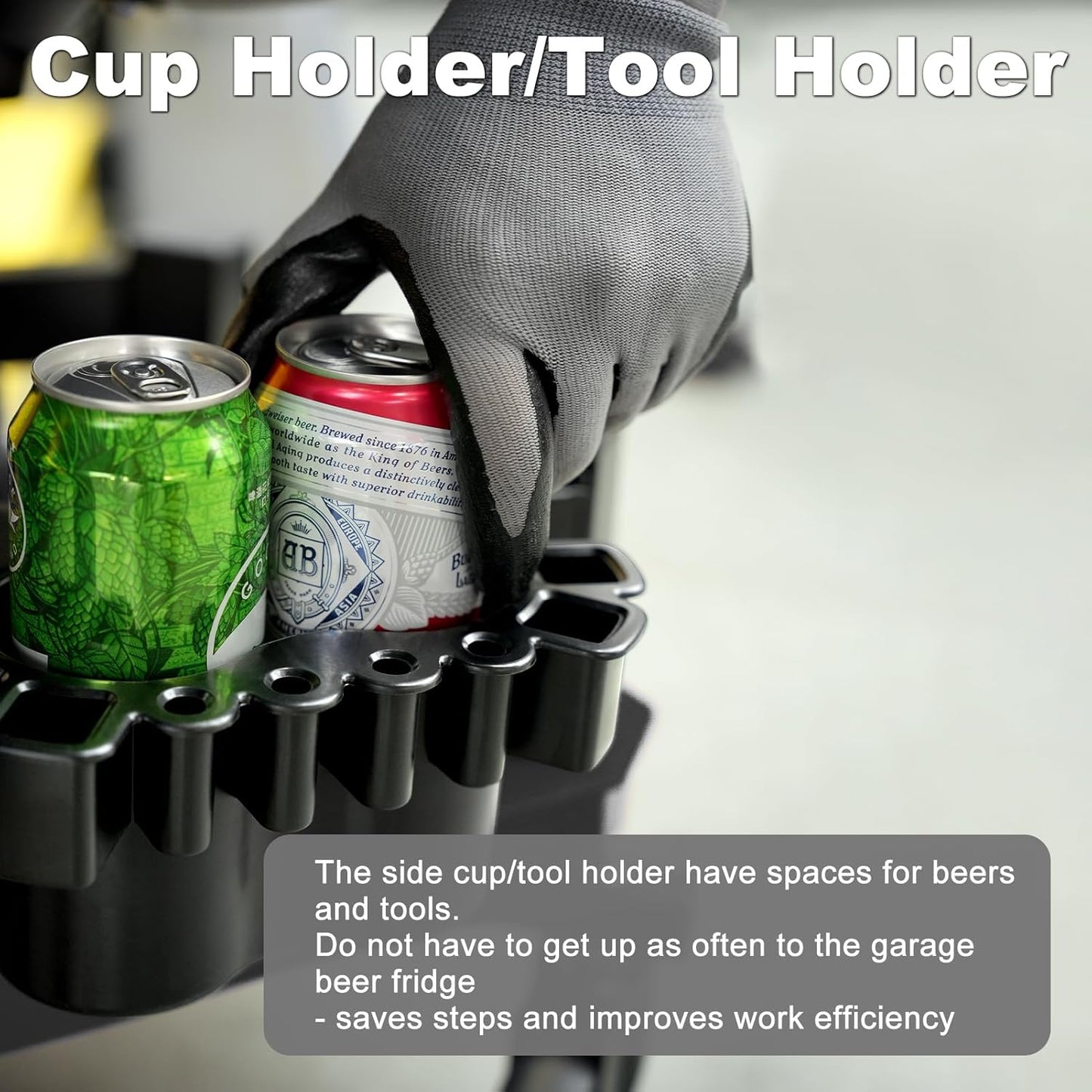 Rolling Stool with Wheels, Adjustable Shop Stool Mechanic Chair Seat Garage Shop Roller Work Chair Mobile Rolling Seat with Tool Tray, 2 Cup Holders, 4" Casters, 350 LBS, Heavy-Duty, Blue