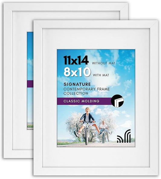Americanflat 11x14 Picture Frame in White Set of 2 - Displays 8x10 With Mat and 11x14 Without Mat - Composite Wood with Shatter Resistant Glass - Horizontal and Vertical Formats for Wall