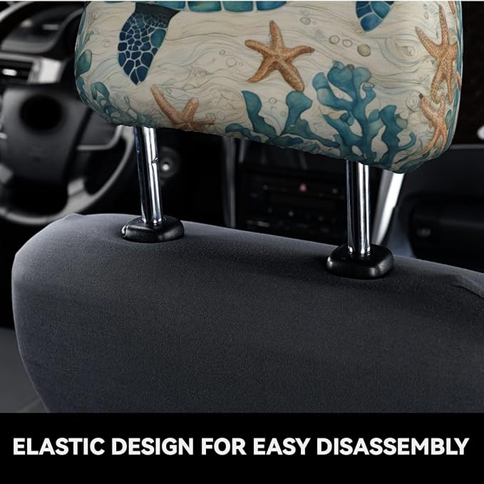Dujiea 2 Pack Vintage Sea Turtle Starfish Car Headrest Covers, Universal Soft Car Seat Head Rest Cover Protector, Vehicle Accessories Fabric Headrest Cover for Cars Vans Trucks