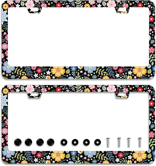 2Pcs Colorful Floral Flowers License Plate Frame Personalise Cute License Plate Frames Car License Plate Accessories Screws Decor for Standard Us Canada License Plate Holder 12"x6"