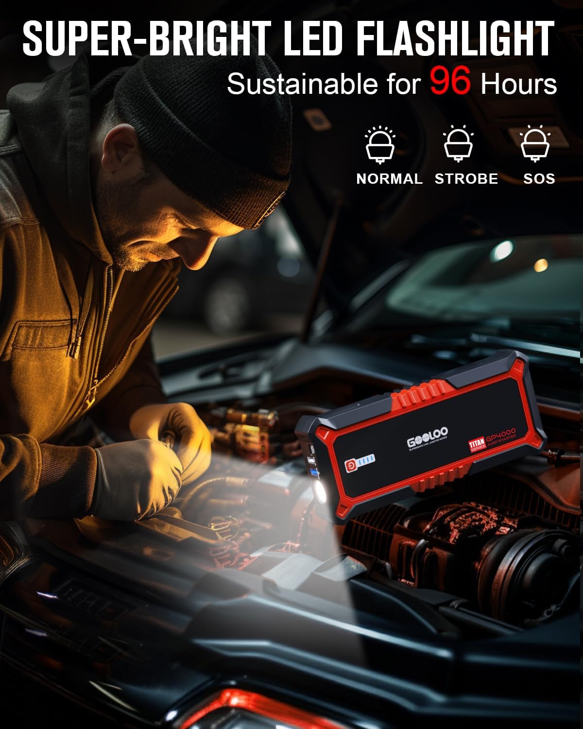 GOOLOO GP4000 4000A Peak Car Battery Jump Starter, Portable Battery Booster for Up to All Gas or 10L Diesel Engine, SuperSafe 12V Lithium Jump Box Power Pack with Jumper Cable,Red