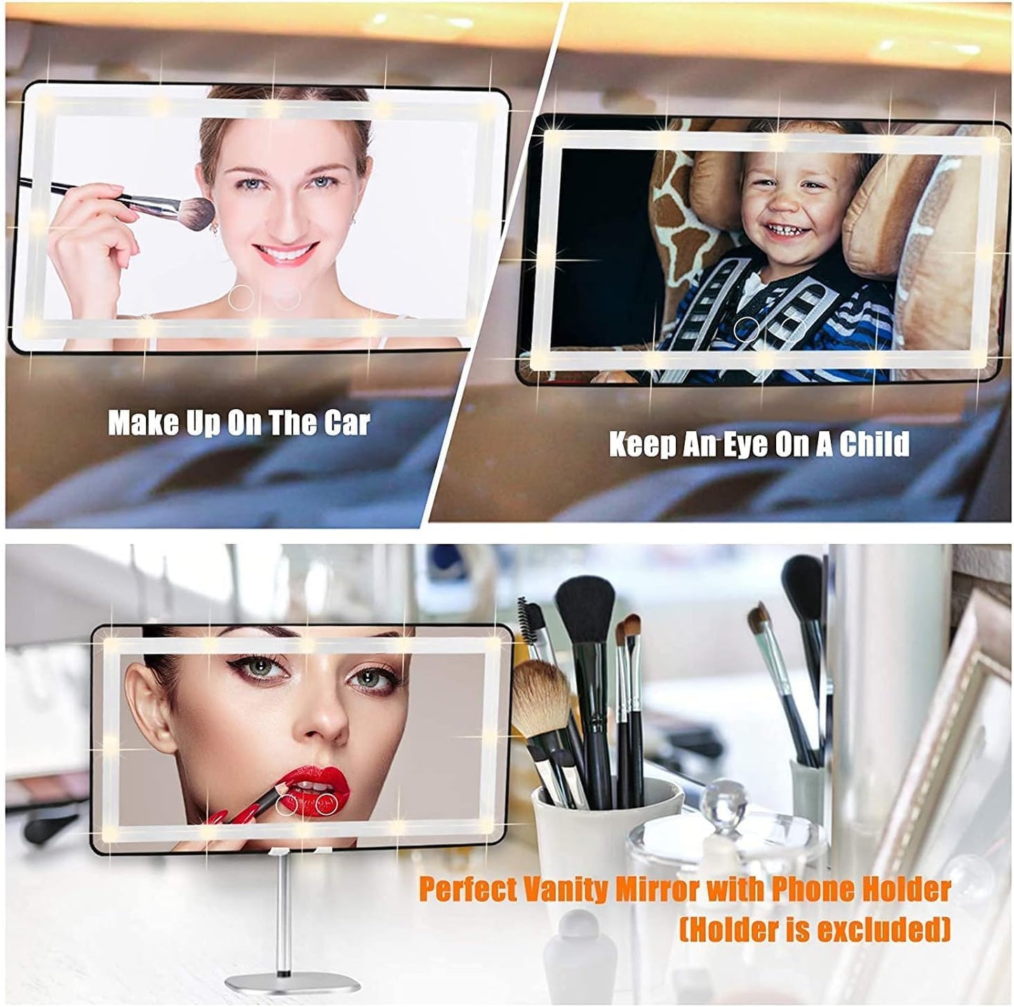 Car Vanity Mirror, with 3 Light Modes & 60 LEDs - Rechargeable Dimmable Clip-on Rear View Sun-Shading Cosmetic Makeup Mirror, Universal for Car SUV (White, 2 Pack)
