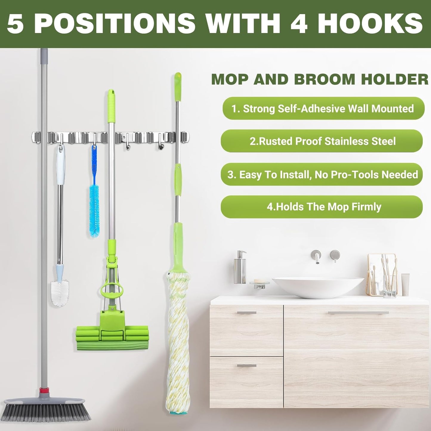 Broom Holder Wall Mount, Broom Organizer Wall Mount Stainless Steel Broom and Mop Hanger Heavy Duty Storage Organization for Home Kitchen Garden Garage Room 5 Racks 4 Hooks (1Pack)(Black Racks)