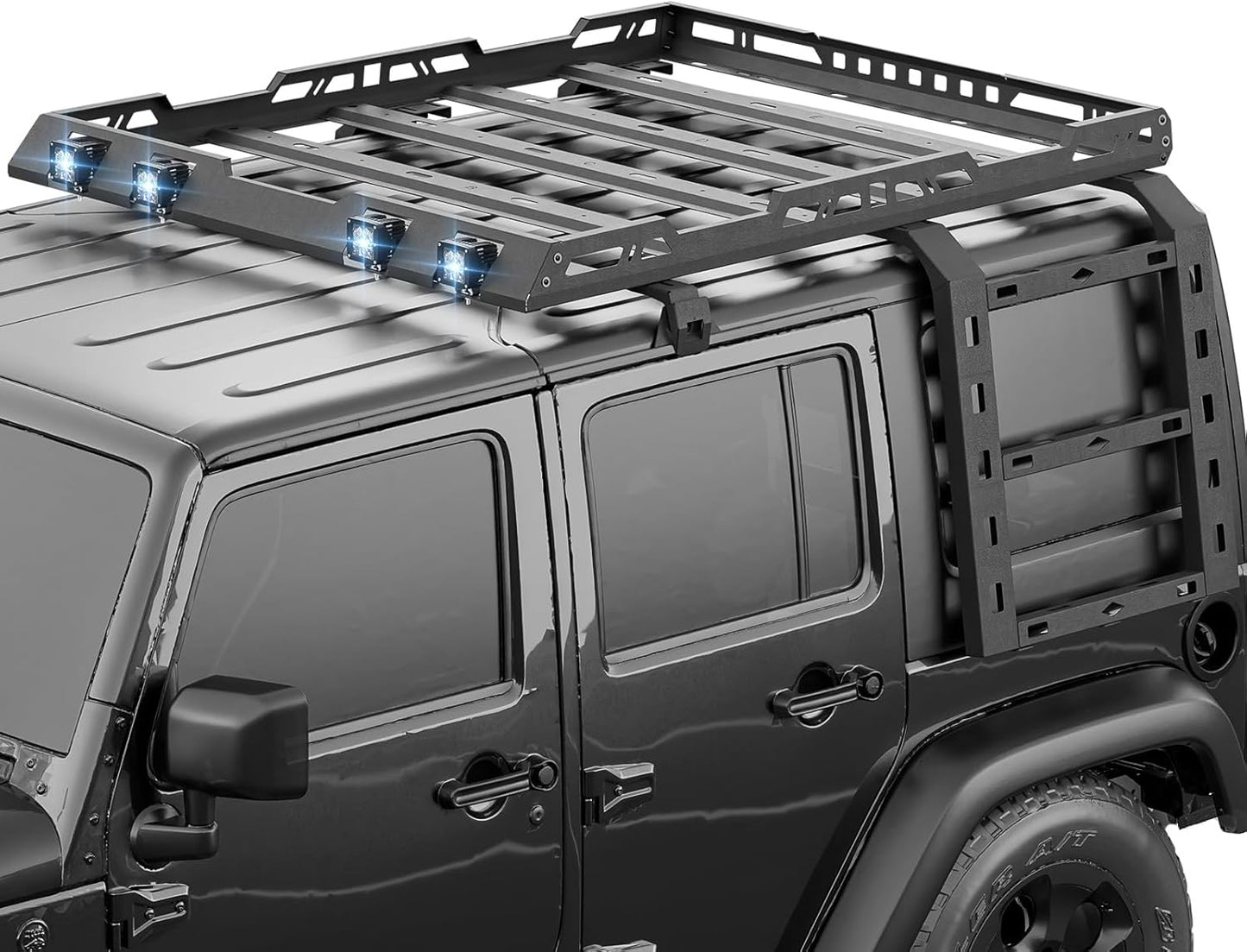 for JK JKU Roof Rack Hard Top Cargo Basket with Ladder & 4 LED Lights Compatible with 2007-2018 Jeep Wrangler JK JKU Unlimited 4 Doors Hardtop, Rooftop Rack Carrier Luggage Storage Holder