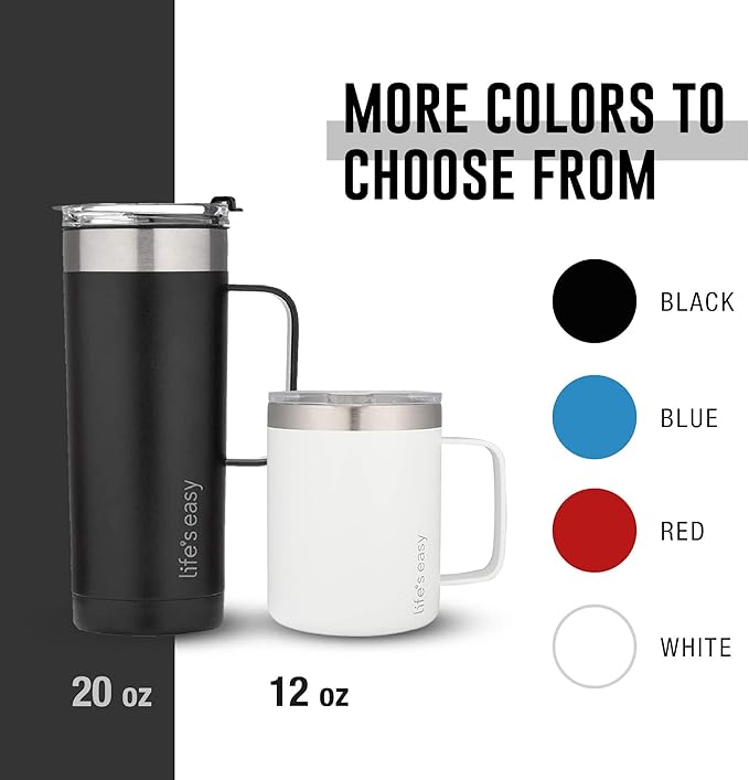 Life's Easy 12 oz Stainless Steel Mug w/Handle - Double Wall Insulated Travel Tumbler w/Flip Lid - Leak Proof Tumbler-Thermal Cup for Coffee, Tea & More - Keep Hot & Cold Drinks (Winter White, 12 oz)