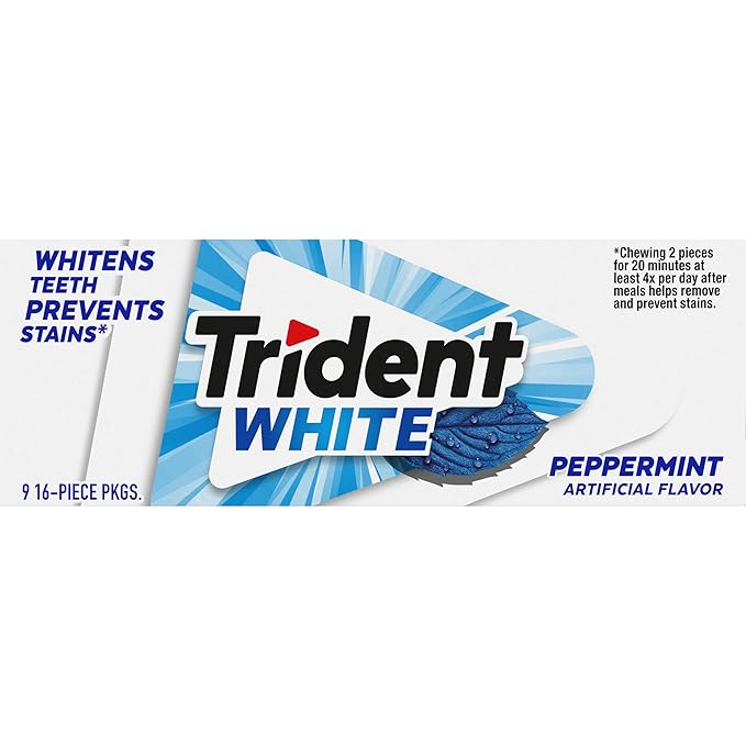 Trident White Peppermint Sugar-Free Chewing Gum, 9 Packs of 16 Pieces (144 Total Pieces)