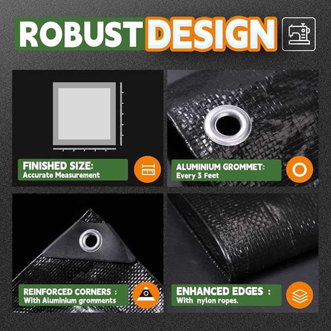 RAINDEWAY Black Tarps 7x7 Feet,UV Resistant, Multipurpose Medium Duty Waterproof Poly Tarp, Square Tent Tarp,Cover with Metal Grommets and Reinforced Edges, Finished Size