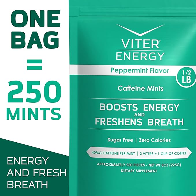 Viter Energy Caffeinated Mints 40mg Caffeine, B Vitamins, Sugar Free. (Peppermint, 8oz, Bulk Bag)