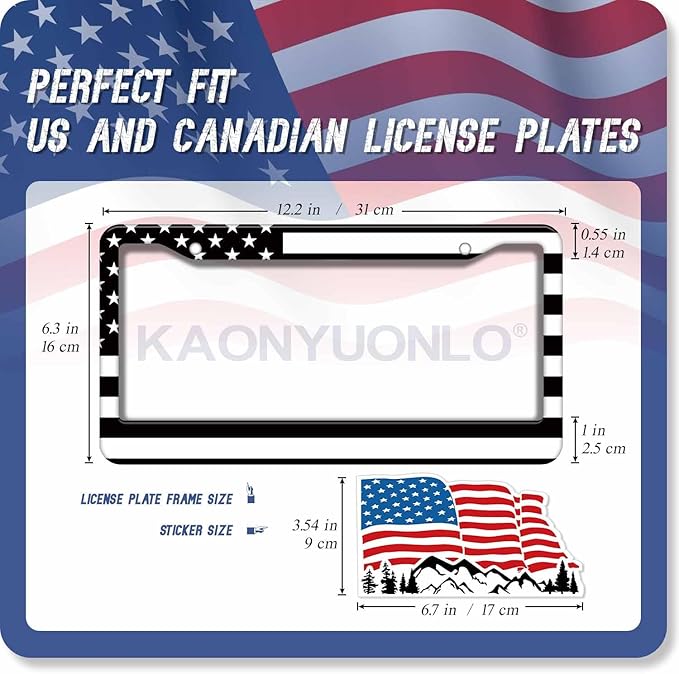 1PCS Black American Flag License Plate Frame Holder - USA Stars and Stripes Auto Universal Aluminum Matte Car Tag Holder Covers with Sticker & Screws for Men
