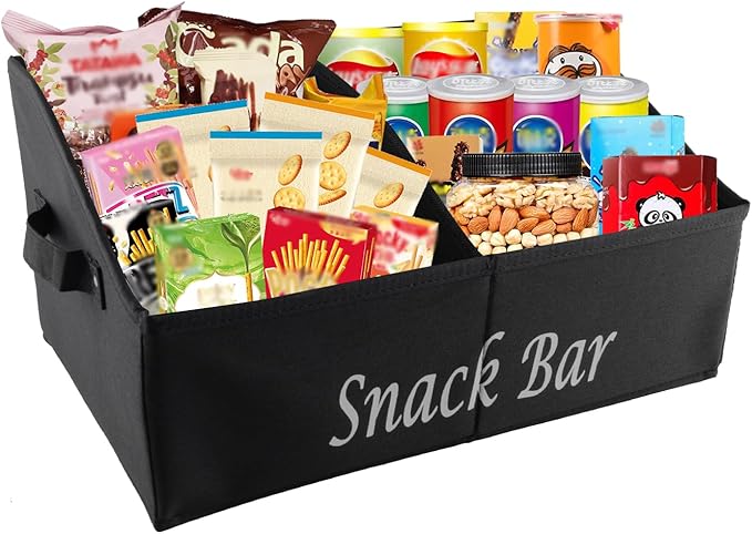 Snack Organizer for Countertop, Fabric Snack Basket with Handles, 2 Large Compartment Snack Container Bin Holder, Snack Bar Station Decor, Kitchen Pantry Organizer and Storage, Black