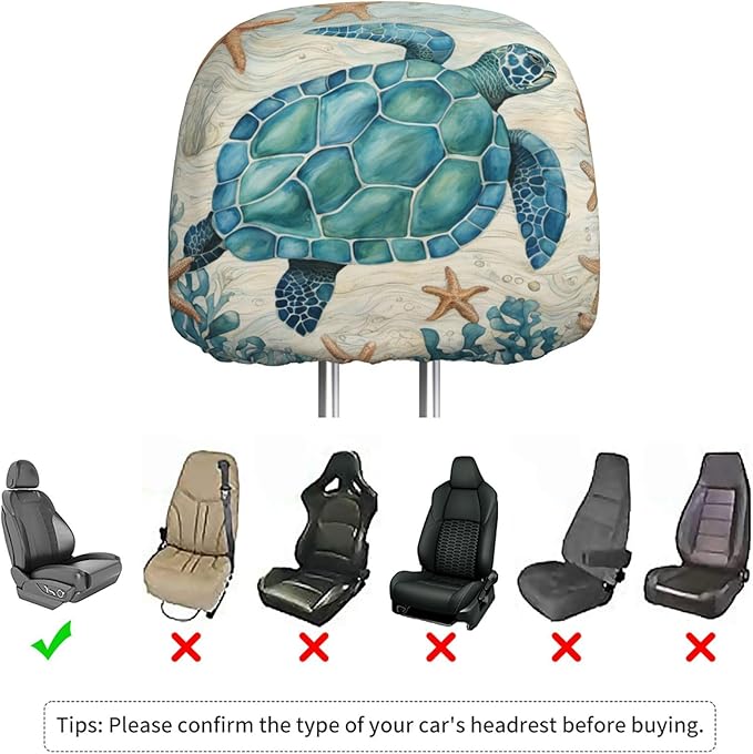 Dujiea 2 Pack Vintage Sea Turtle Starfish Car Headrest Covers, Universal Soft Car Seat Head Rest Cover Protector, Vehicle Accessories Fabric Headrest Cover for Cars Vans Trucks