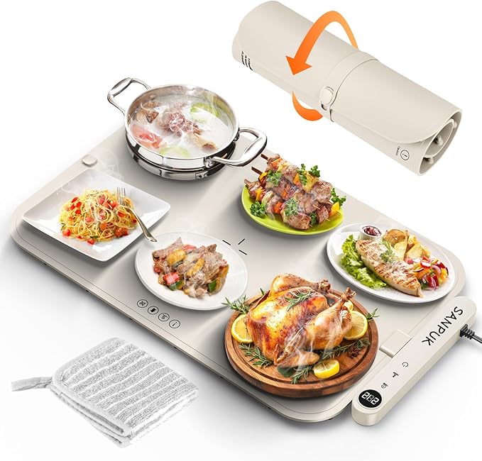 2025 Upgrade Electric Warming Tray,Food Warming Mat,Food Heating Mat for Countertop, 6 Temperature Modes, Auto Shut-Off,Removable, Washable,for Versatile Food Warmer for Parties (Beige)