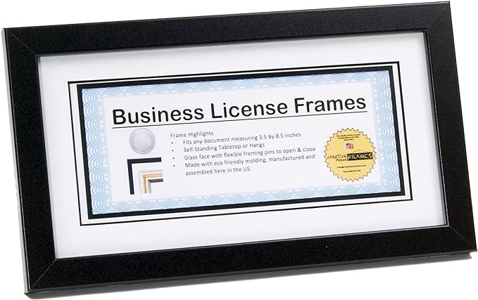 Creative Picture Frames 5.5” x 10.5” Black Business License Certificate Frame for Professionals Holds 3.5” by 8.5” with White Mat Includes Self Standing Easel Back with Hanger