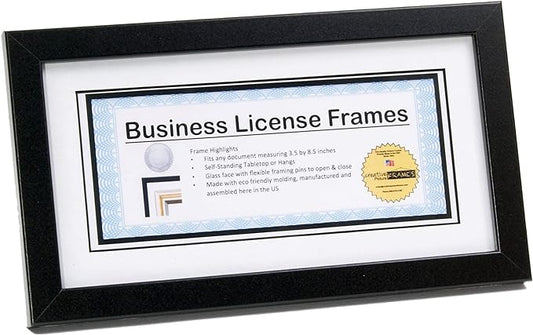 Creative Picture Frames 5.5” x 10.5” Black Business License Certificate Frame for Professionals Holds 3.5” by 8.5” with White Mat Includes Self Standing Easel Back with Hanger
