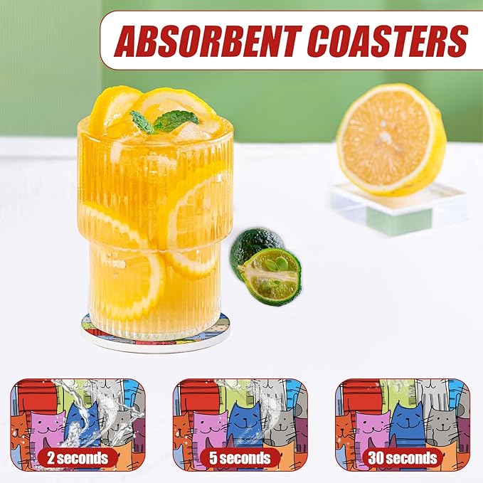 Colorful Cat Car Coasters for Cup Holders, Cat Lover Absorbent Ceramic Car Coaster Car Cup Holder Coaster Car Accessories for Women Men (2 Pack)