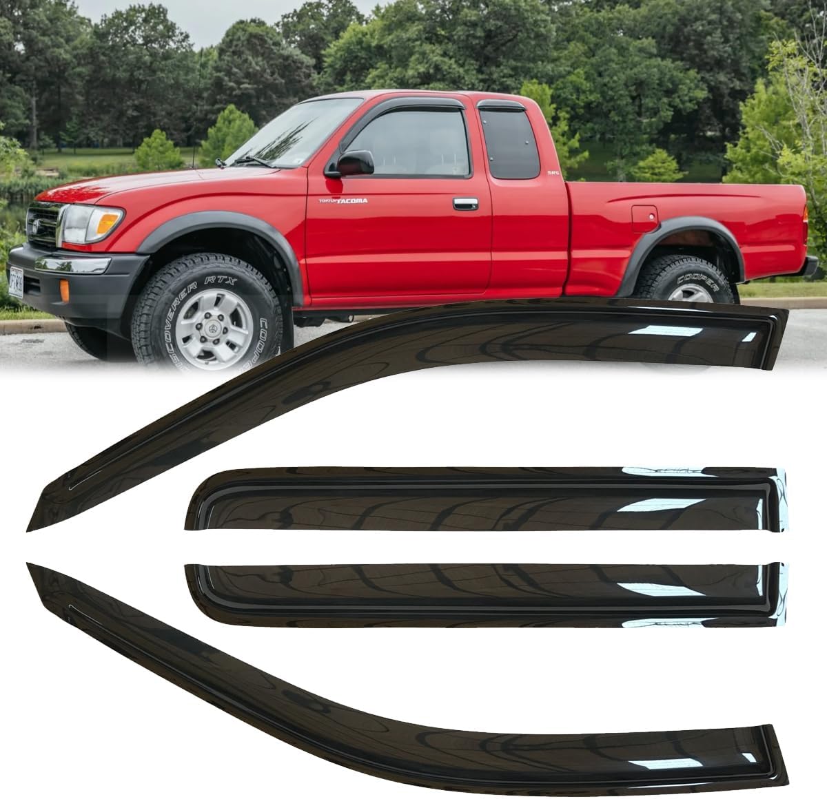 4pcs Shatterproof Rainproof Side Window Wind Vent Deflectors for 95-04 Tacoma Access/Extended Cab,Tape-on Rain Guards Set,Window Visors Compatible with 1995-2004 Toyota Tacoma 94948