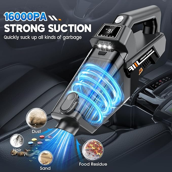 EYYA Handheld Vacuum Cordless, 16KPA Powerful Suction Hand Held Vacuum Cleaner Dust Busters Cordless Rechargeable, HD Display & 3 LED Lights, Portable Vacuum for Car, Home, Pet Hair