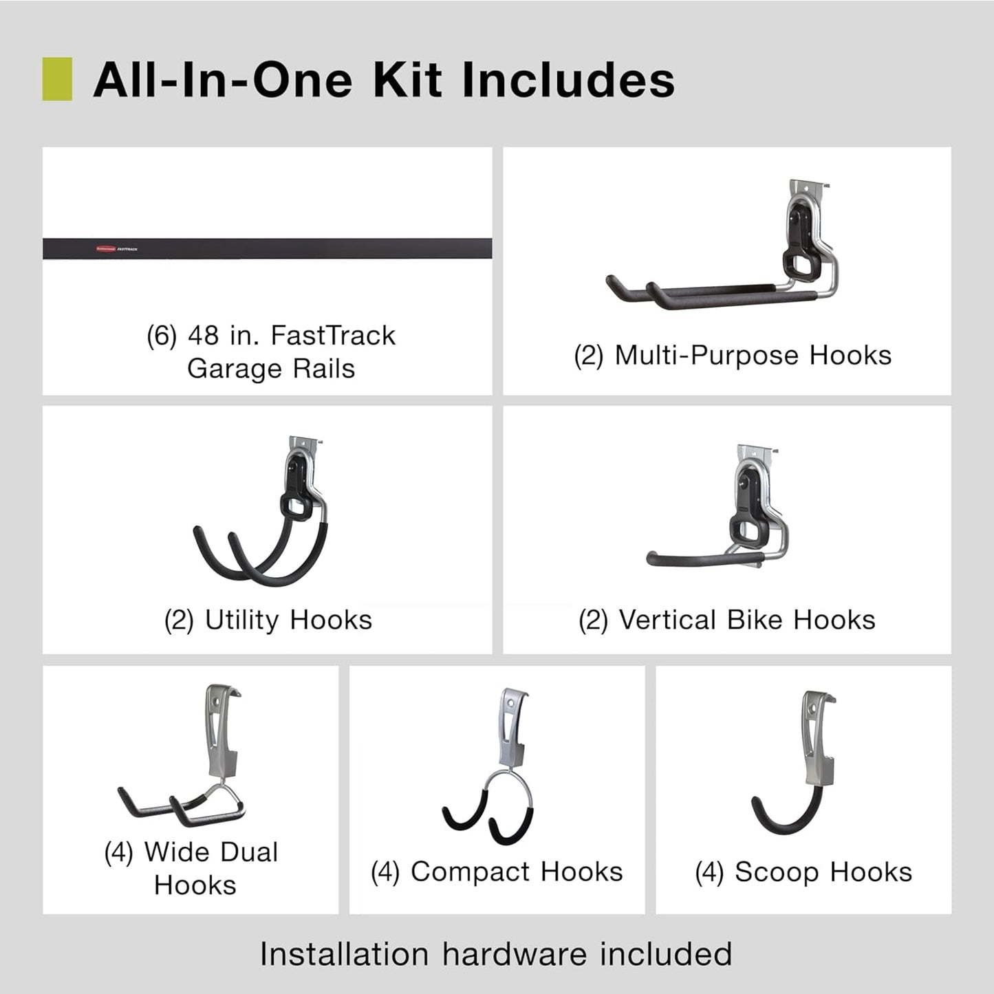 Rubbermaid 24-Piece FastTrack Garage Wall-Mounted Storage Kit, 6 Rails and 18 Hooks, Black, for Home/House/Tool/Sports/Equipment/Utility Purposes