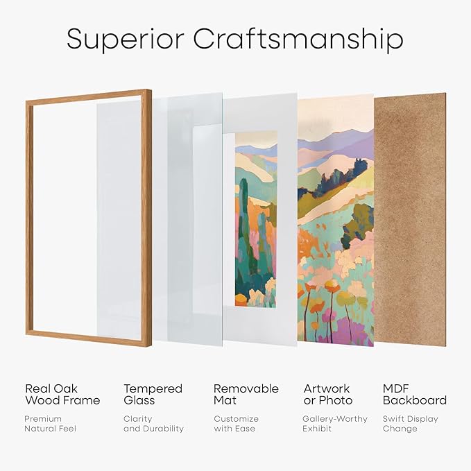 Homeforia 20x24 Picture Frame Wood, High End Natural Oak 20x24 Frame Matted to 16x20 Photo, 20 x 24 Light Wooden Poster Frames with Mat 16 by 20, 24by20 Thin Frames, Tempered Glass, Wall Kit, Set of 1