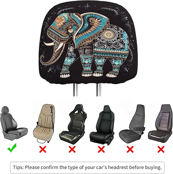 Dujiea 2 Pack Mandala Tribe Elephant Car Headrest Covers, Universal Soft Car Seat Head Rest Cover Protector, Vehicle Accessories Fabric Headrest Cover for Cars Vans Trucks