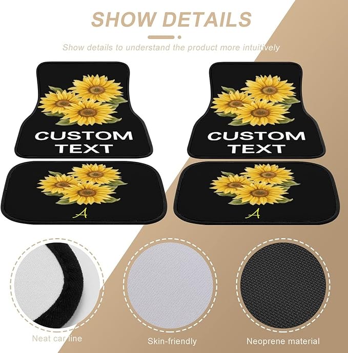 Sunflower Car Floor Mats Car Mats for Women 4 Pieces Custom Universal Car Floor Mats Personalized Car Mats Text Auto Interior All Weather Protection for Car SUV Truck Van Gift