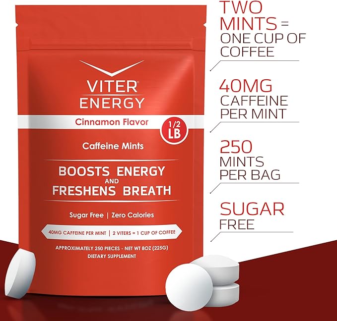 Viter Energy 40mg Caffeine Mints - Sugar Free, B Vitamins, Vegan, Boosts Fast Energized Alert Focus, Caffeinated Nootropic Supplement Pills (Cinnamon Flavor, 8oz, Bulk Bag)