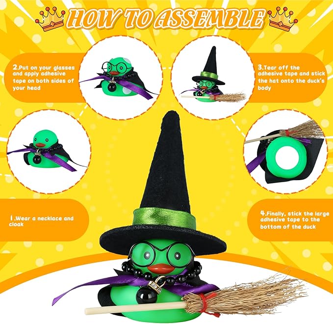 Rubber Duck Car Decorations with Magic Hat, Broom, Glasses & Accessories - Funny Dashboard Ornaments for Car, Home, Office (Green)