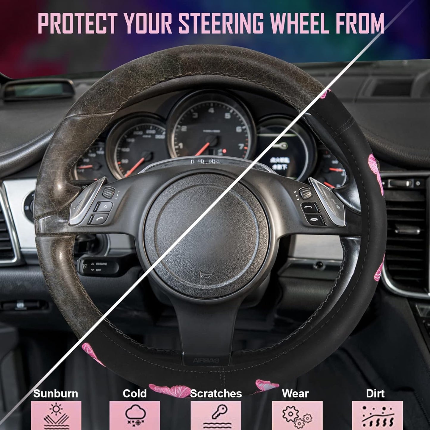 Car Pass Pink Embroidery Butterfly Steering Wheel Cover, Universal 15 Inch Car Wheel Cover for Women Girls, Fit for Suvs,Small Trucks,Sedans,Cars (Black and Pink)