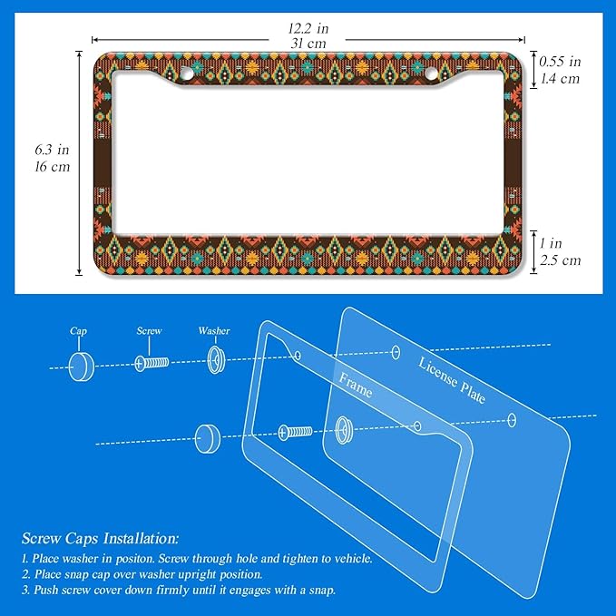 2PCS Native American Geometric Patterns License Plate Frames for Men Women - Vintage Color Block Universal Aluminum Stainless Steel Car Tag Covers Holder with Rattle Proof Pads and Handlebar Stickers