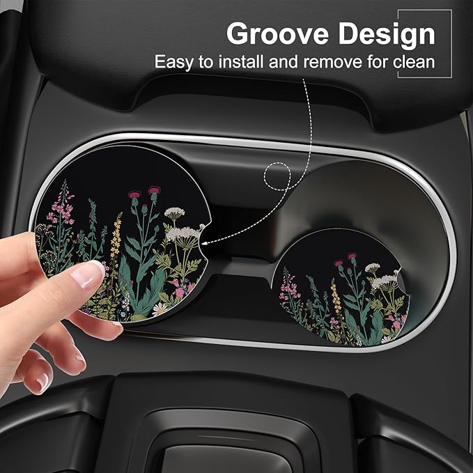 Car Cup Holder Coaster, Car Coasters for Cup Holders, 4 Pack Universal Anti Slip Insert Absorbent Ceramic Auto Interior Accessories with A Finger Notch & Cork Base, Dandelion