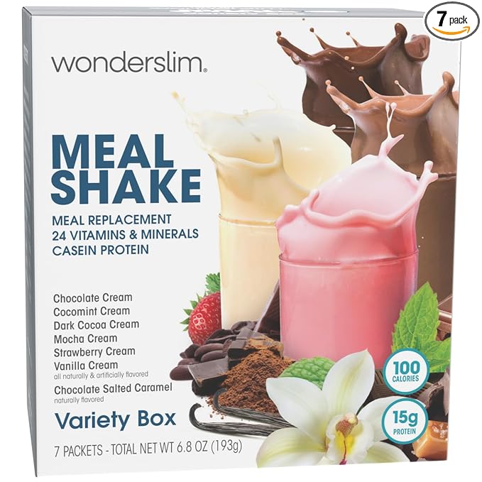 WonderSlim Meal Replacement Shake, Variety Pack, 15g Protein, 24 Vitamins & Minerals, Gluten Free (7ct)