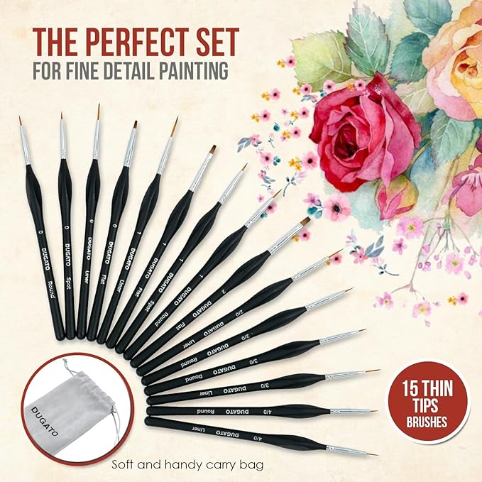 DUGATO Fine Detail Paint Brush Set (15pc) - Miniature Brushes with Ergonomic Triangular Handles & Travel Case for Acrylic, Watercolor, Oil, Models & Warhammer