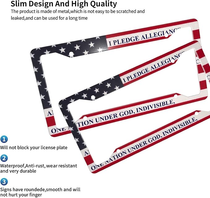 Patriotic American Flag License Plate Frame - 1 Pack Personalized Aluminum Car License Plate Cover Pledge of Allegiance 4 Hole Auto Car Tag for Women/Men Pledge License Plate Holder