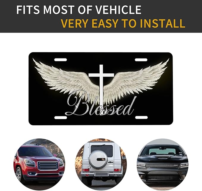 Front License Plate Wing Cross Blessed Vanity Plates Aluminum Metal Decorative Car Tag Novelty License Plate Cover for Men Women ‎6 * 12 in (4 Holes)
